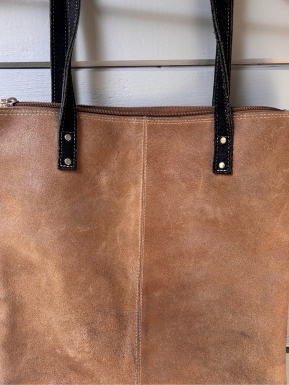 Brown Leather Tote Bag with Black Straps